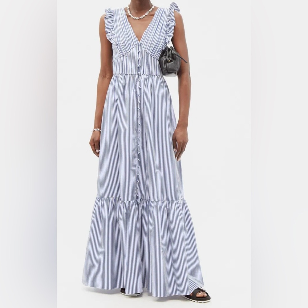 Self-Portrait Stripe Ruffle Cotton Dress | Blue & White | Size 4